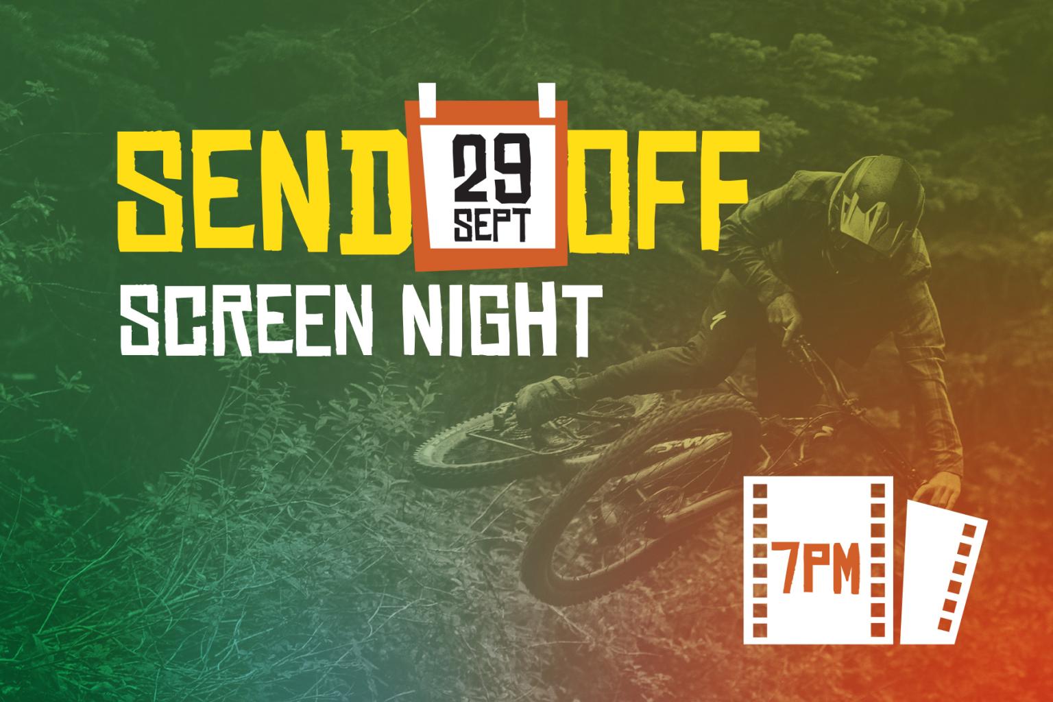 Send Off Screen Night poster with biker hitting a jump in the background