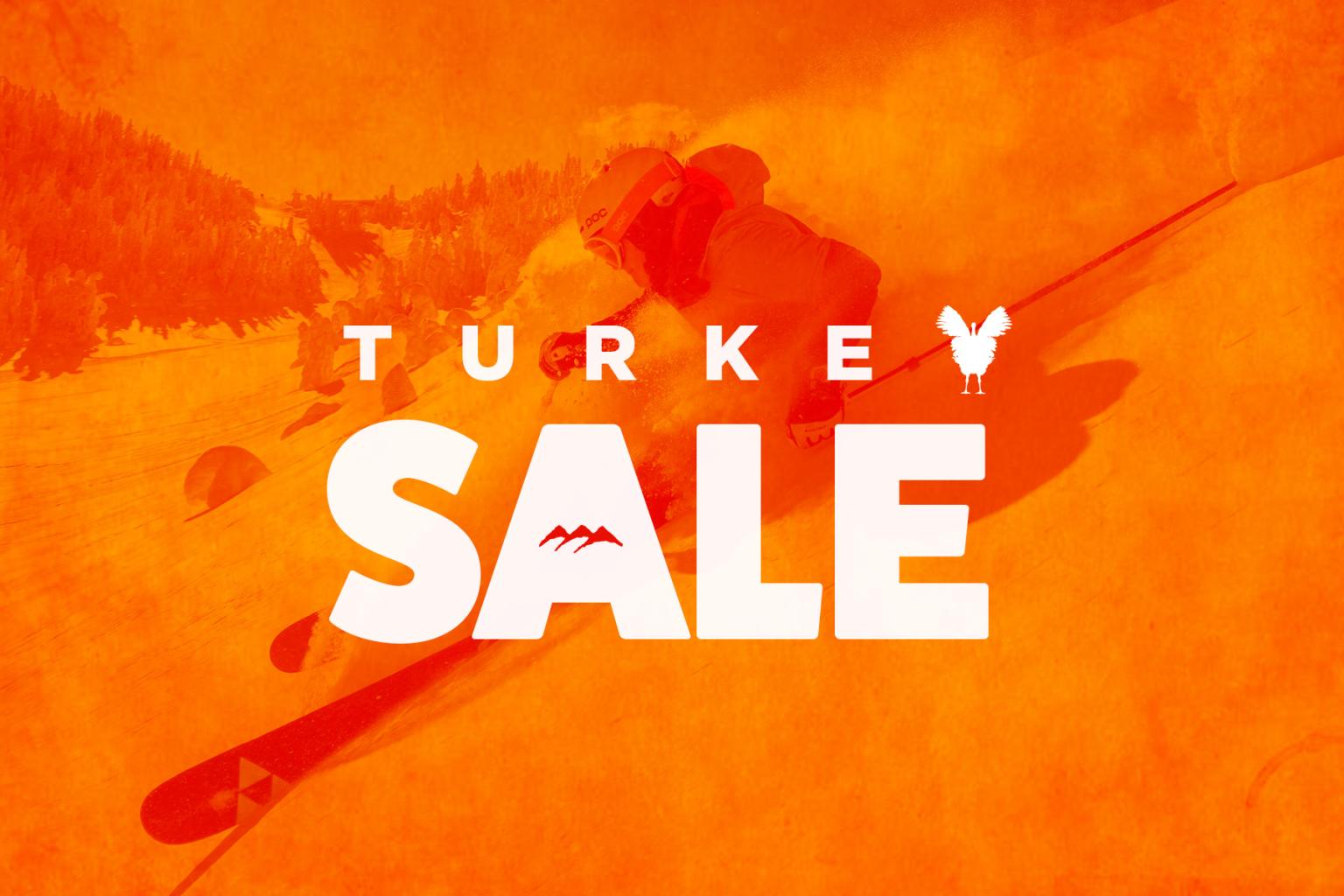 Turkey Sale poster with a skier riding through powder in the background