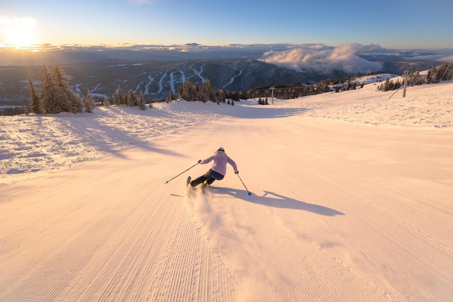 Skier descending the sunlit slopes of Sun Peaks in the morning