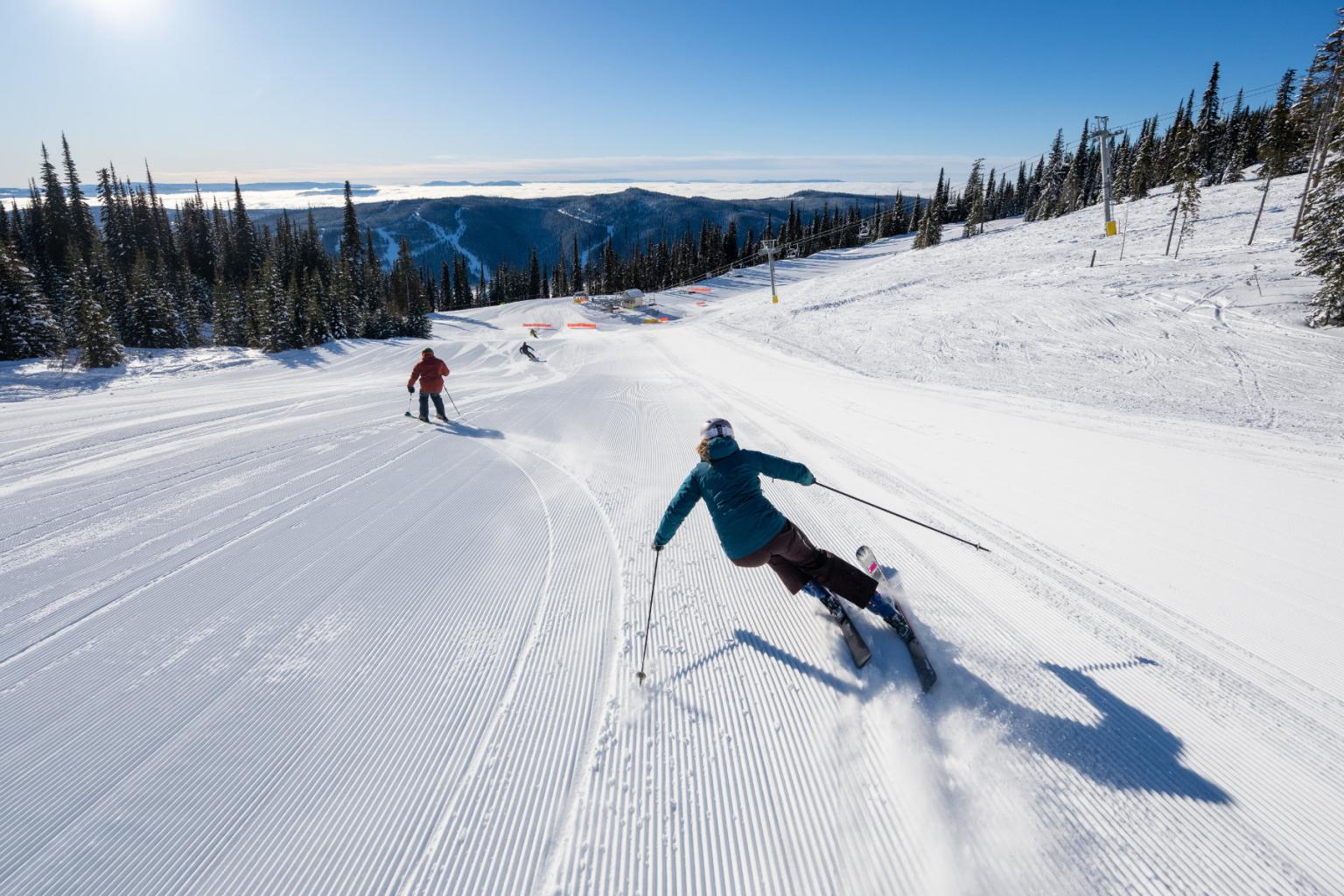 Two people skiing down a run with mountain views and trees