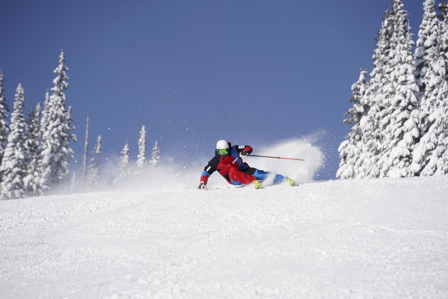 Skier carving through powder with trees and blue sky in the background