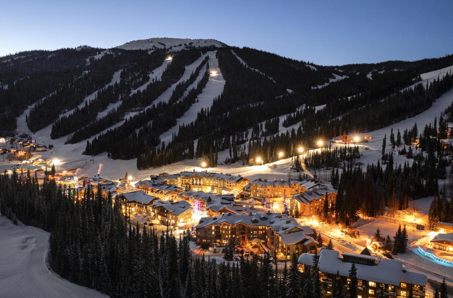 Aerial view of Sun Peaks village at night
