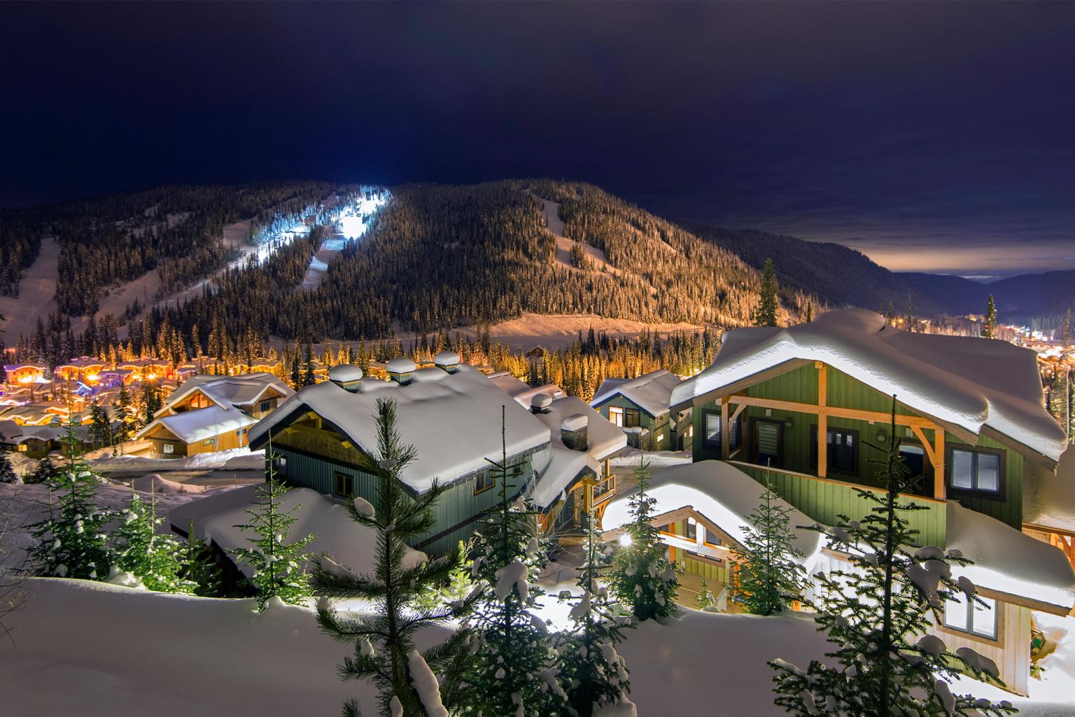 View of chalets in winter from Mt Morrisey