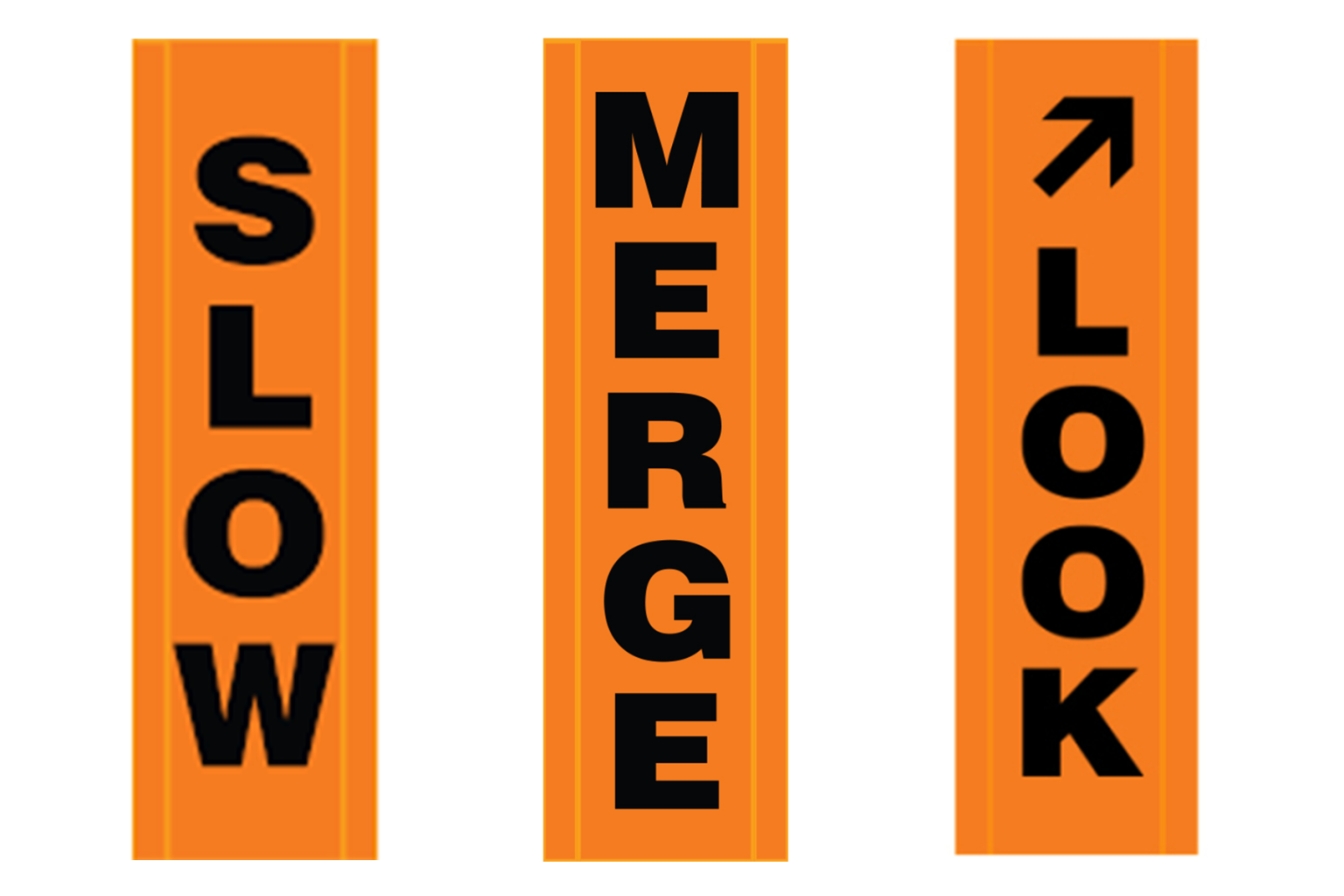 Slow, Merge, Look on mountain safety signage