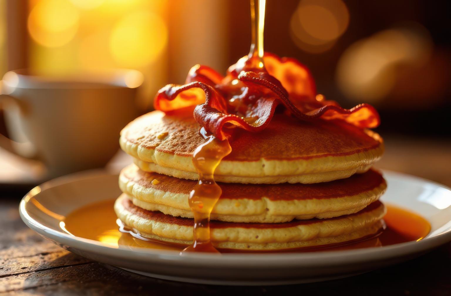 Stack of pancakes with bacon and syrup on a plate near a cup, backlit by warm light.