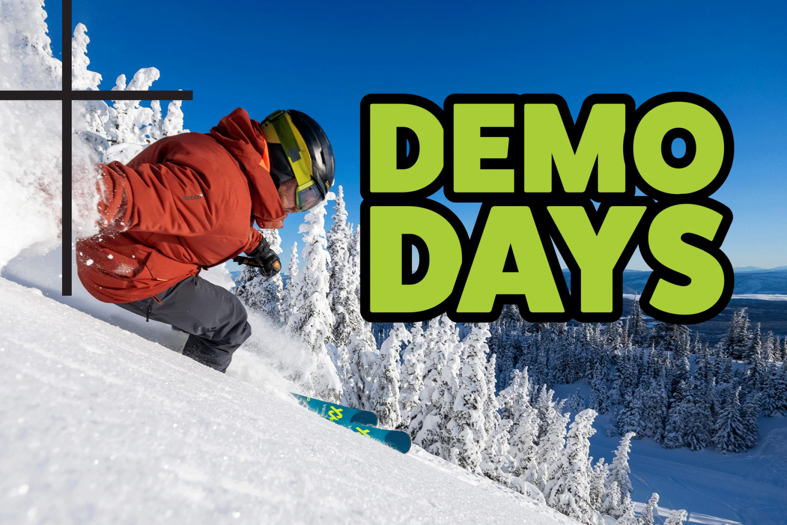 Skier riding down the mountain with "Demo Days" text beside