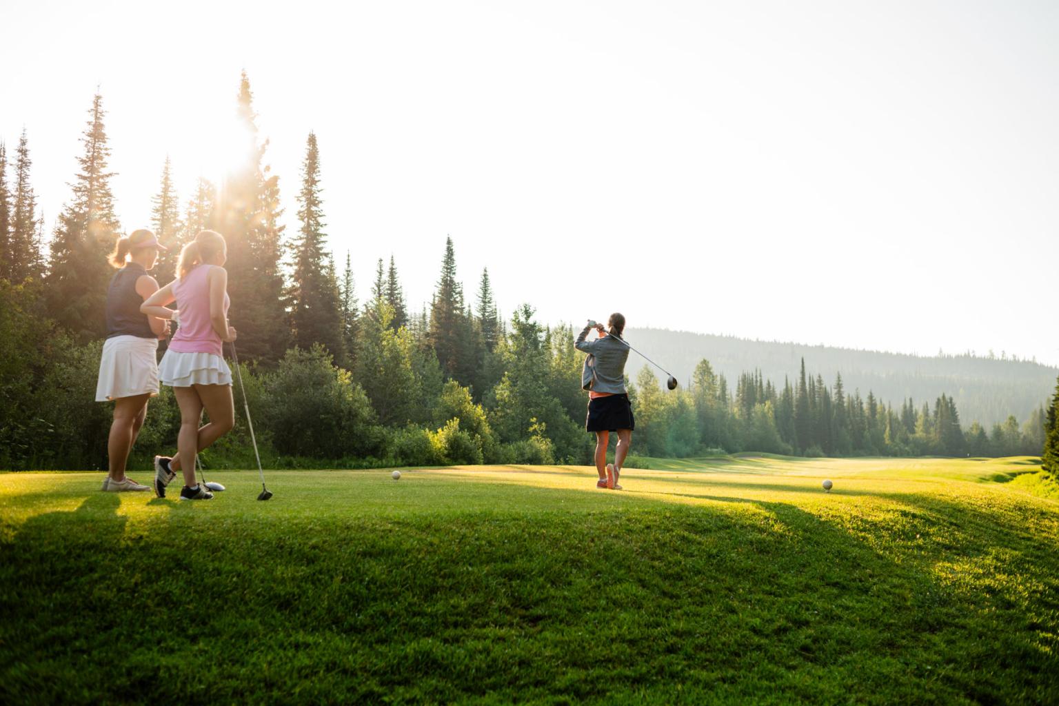 Golfers on a sunlit course surrounded by trees.