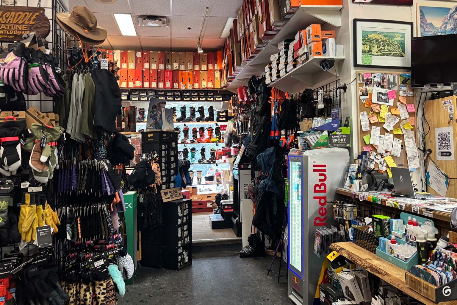 McSporties ski shop with colorful ski gear and clothes displayed.