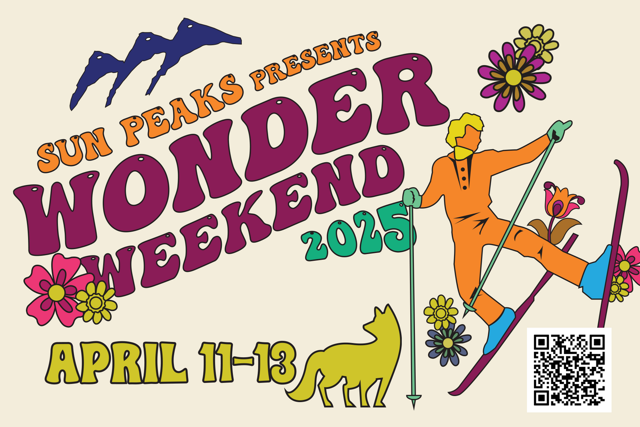 Colorful ski-themed poster with flowers and animals, titled "Wonder Weekend 2025".r