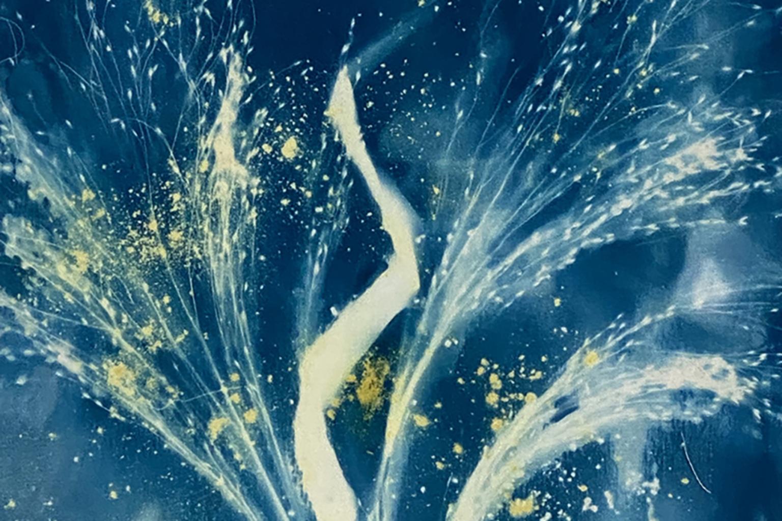 Abstract art with a white figure amid blue and yellow splashes.