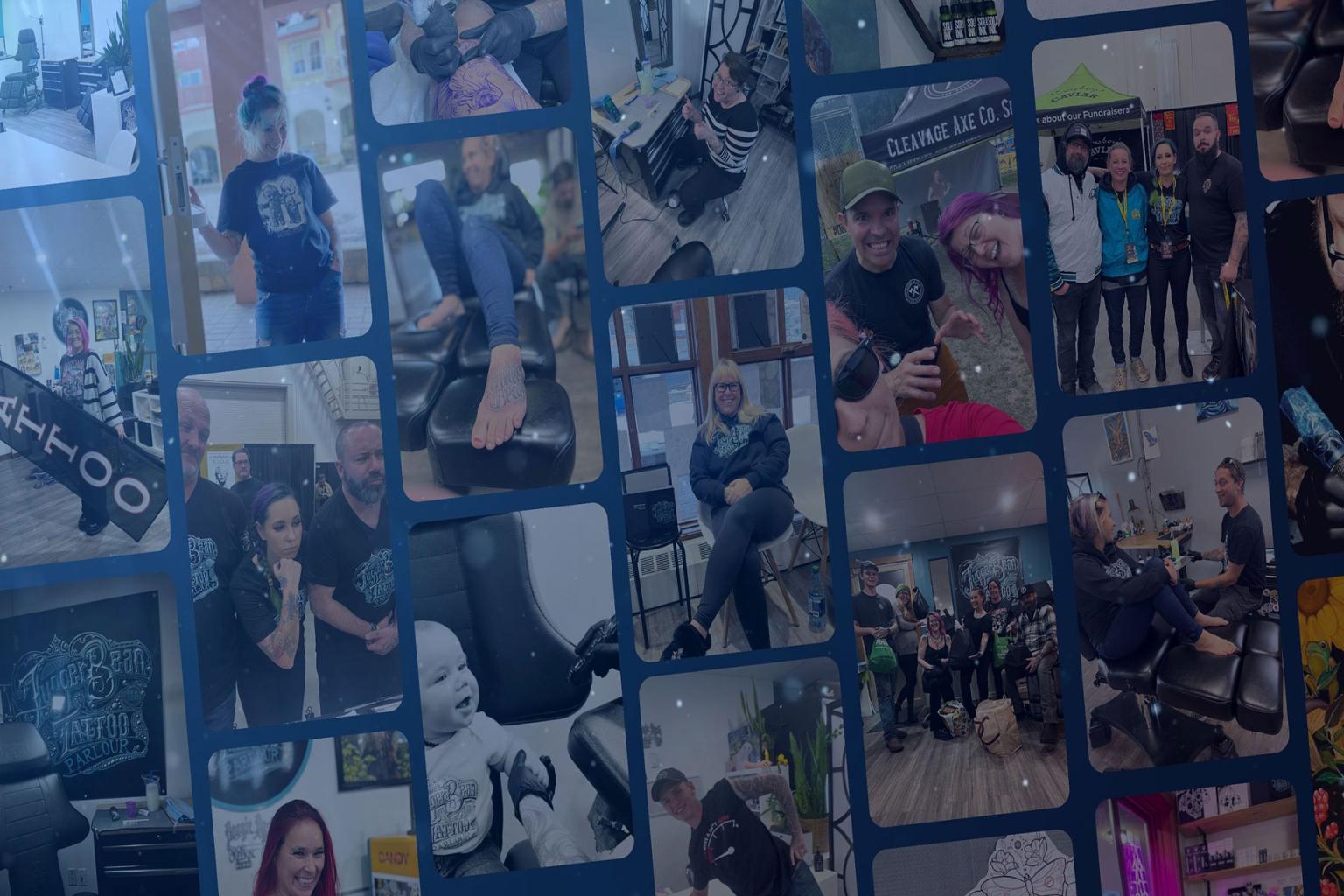 Collage of cheerful people at a social event.