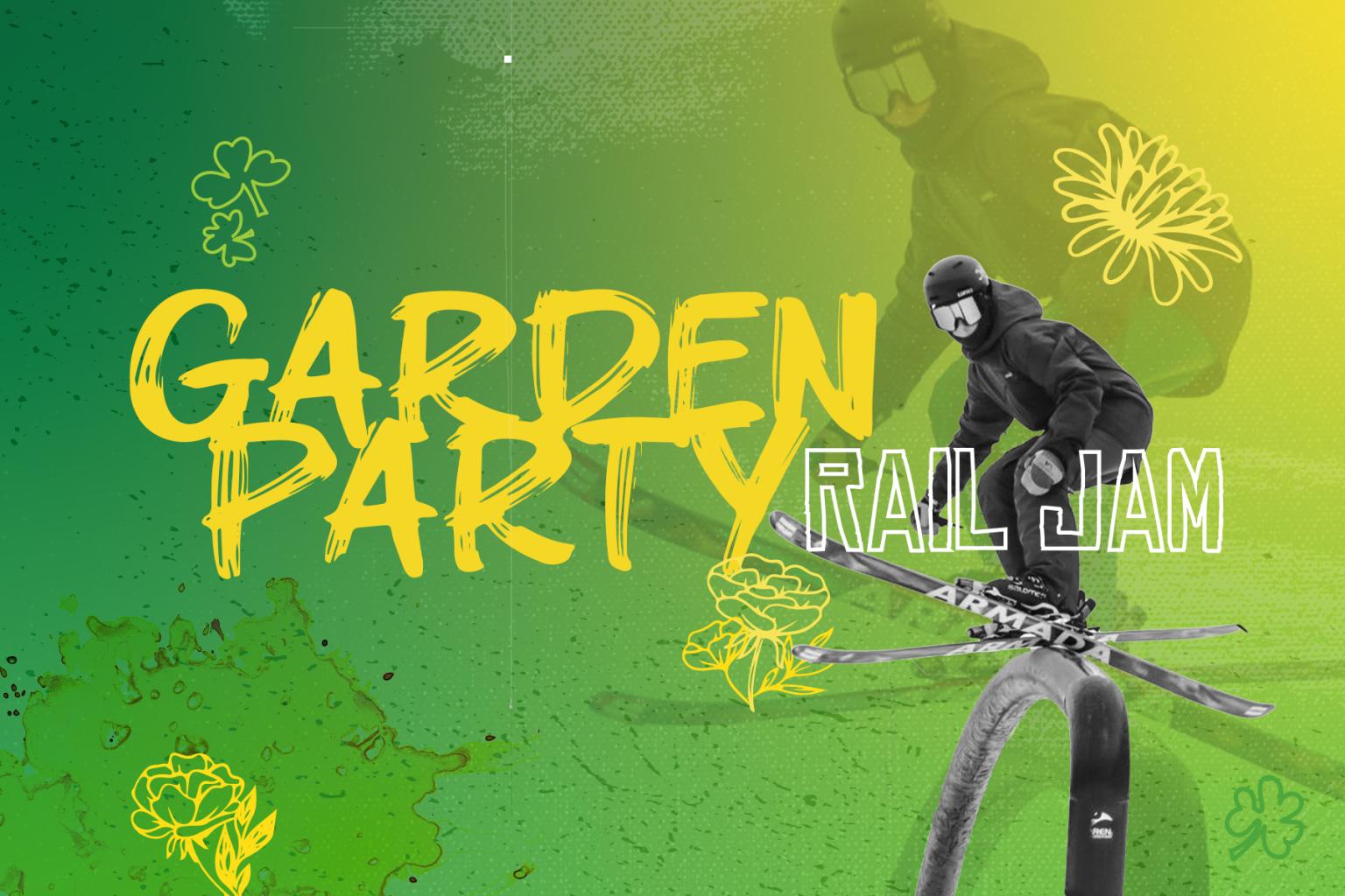 Snowboarder on a rail, green and yellow background with floral graphics.