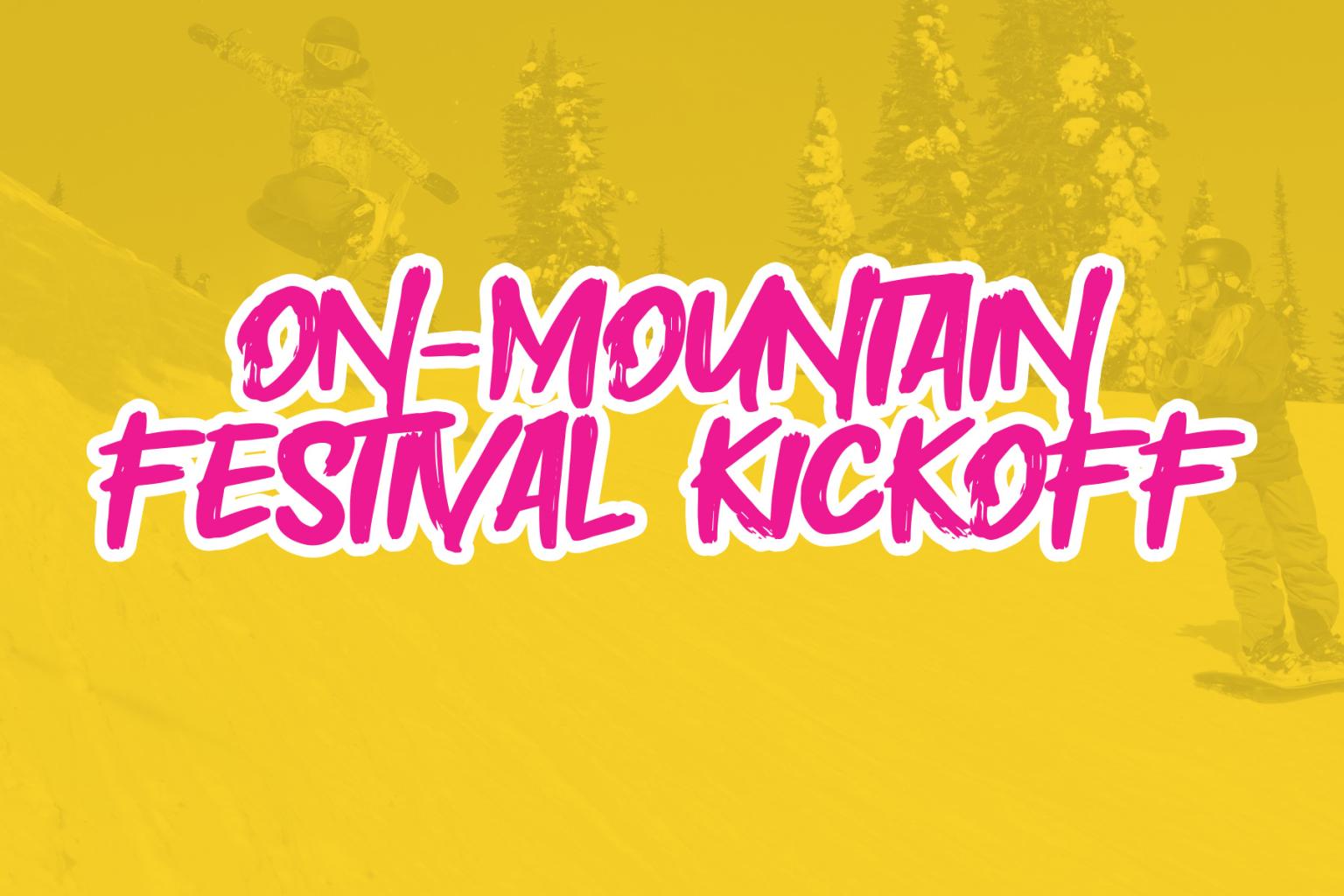 Yellow graphic with skiers and pink text.