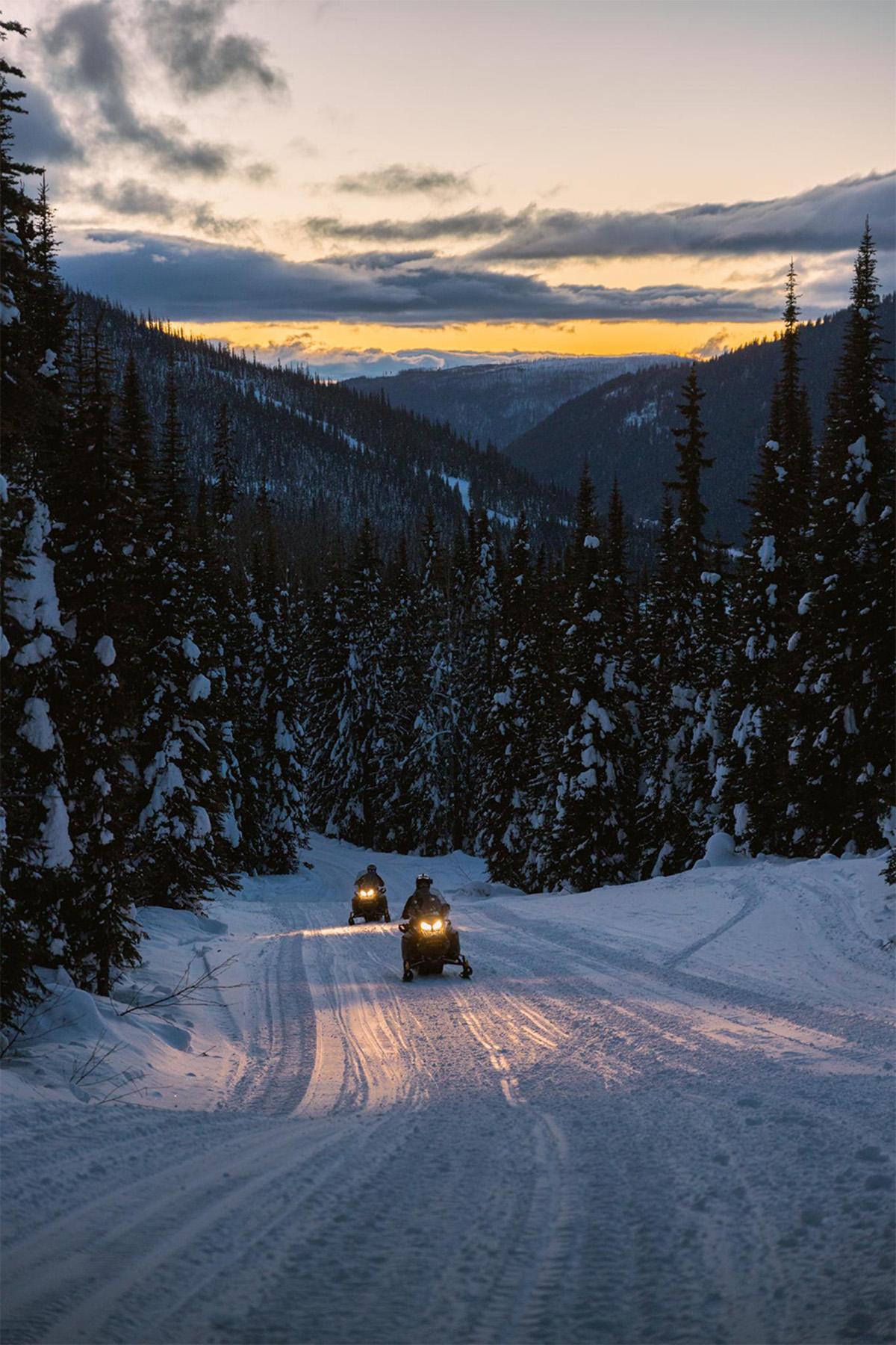 Snowmobiles on a snowy forest trail at sunset, mountains in the background.