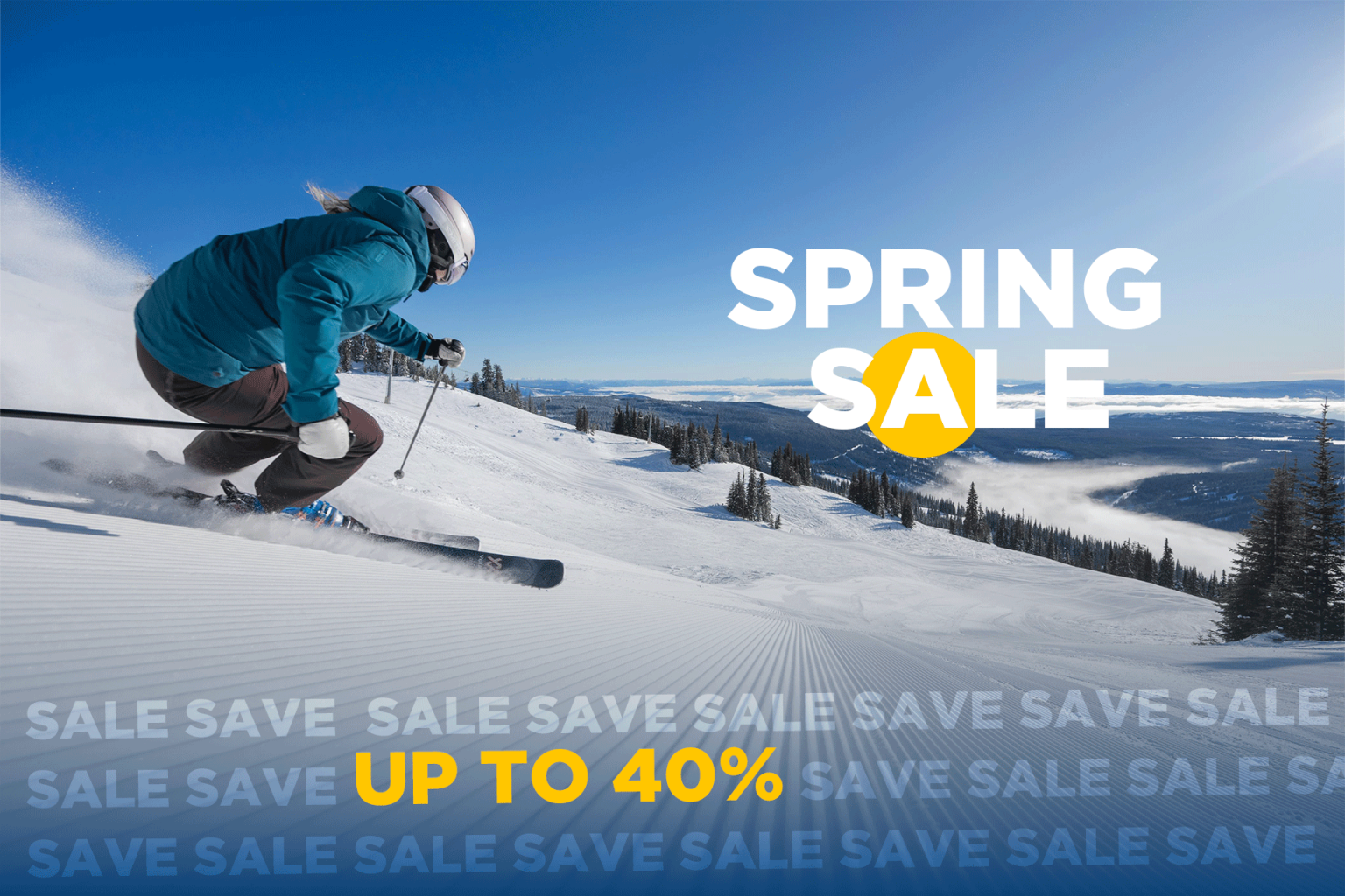 Skier on snowy mountain, blue sky, spring sale text.
