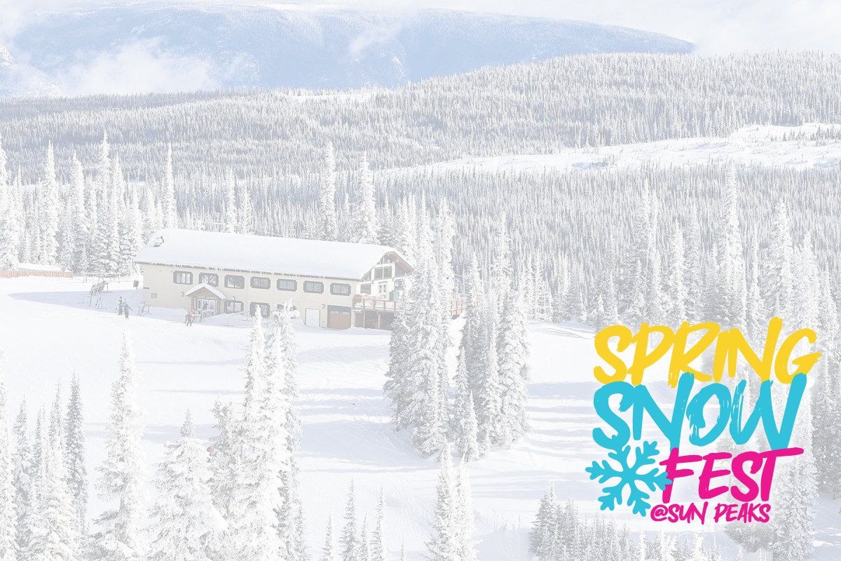 Snowy landscape with a lodge, snowy trees, and colorful festival text.