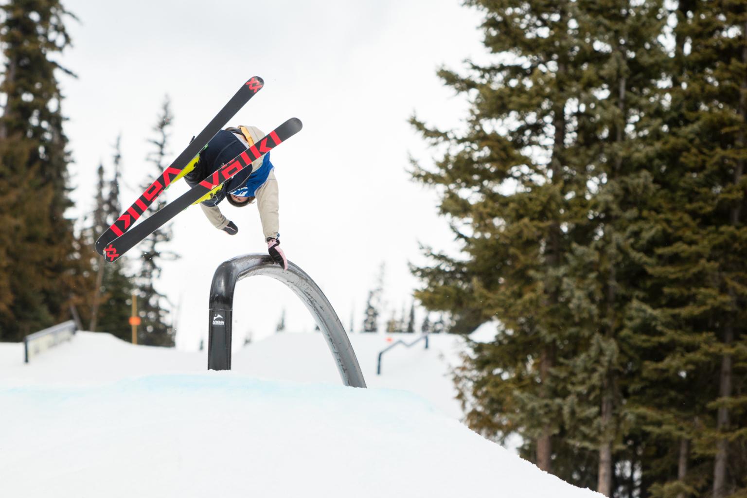 Skier performing a flip off a rail in a snowy forest.