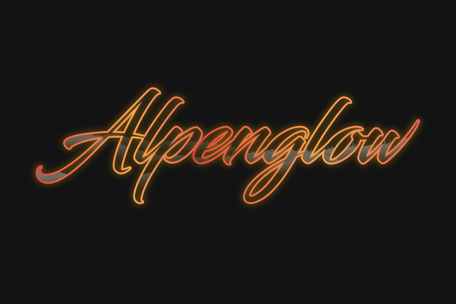Alpenglow logo with orange-yellow gradient text on black background.