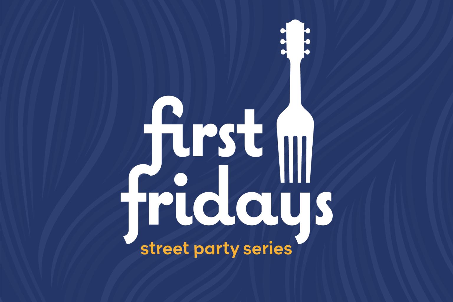 First Fridays logo with a guitar and fork design.