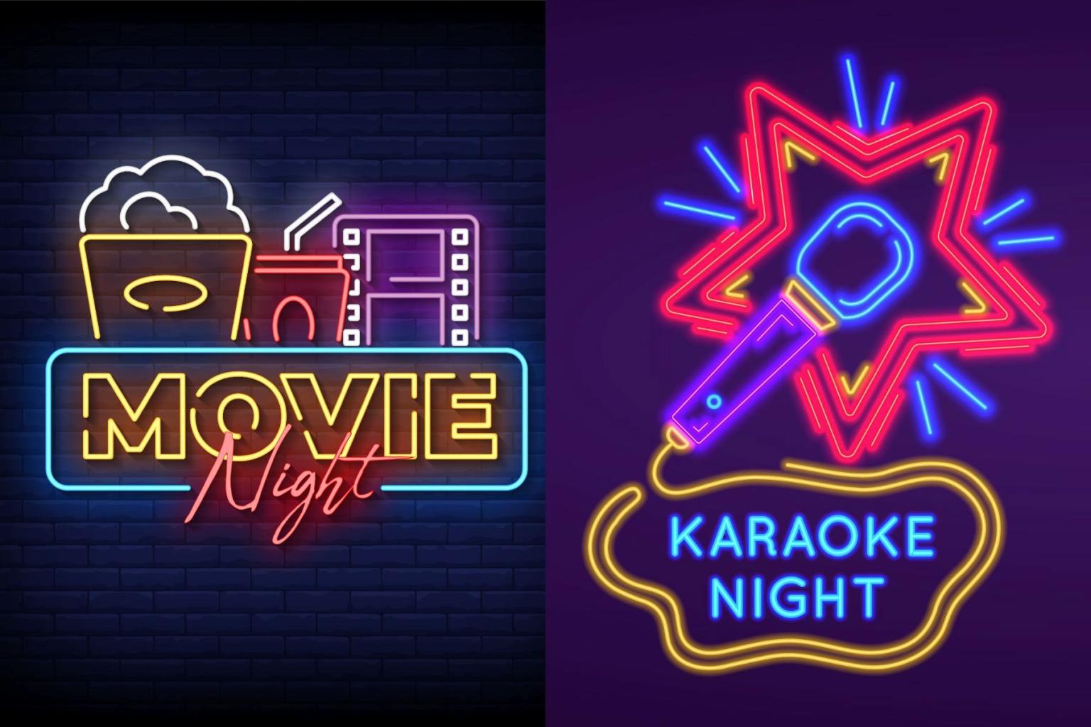 Neon signs for movie and karaoke nights with popcorn and microphone.