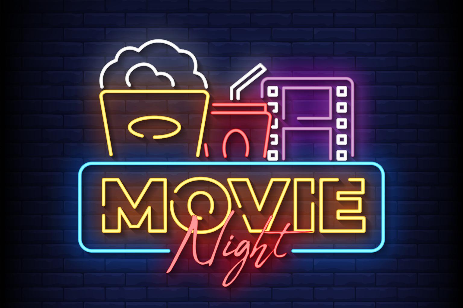 Neon sign with popcorn, drink, film reel; text "Movie Night."