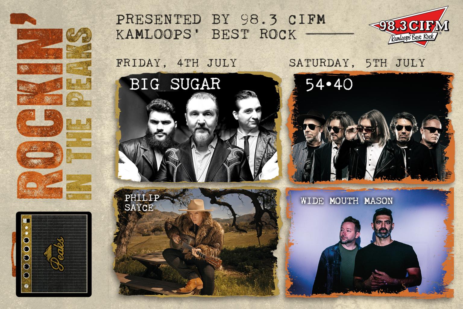 Rock concert lineup poster with band photos and dates.