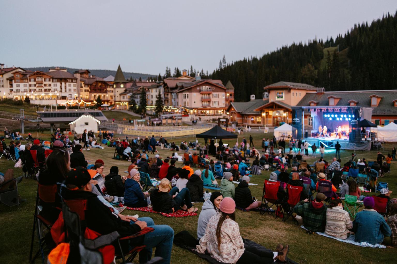 Outdoor concert with audience on grass, buildings and trees in the background.