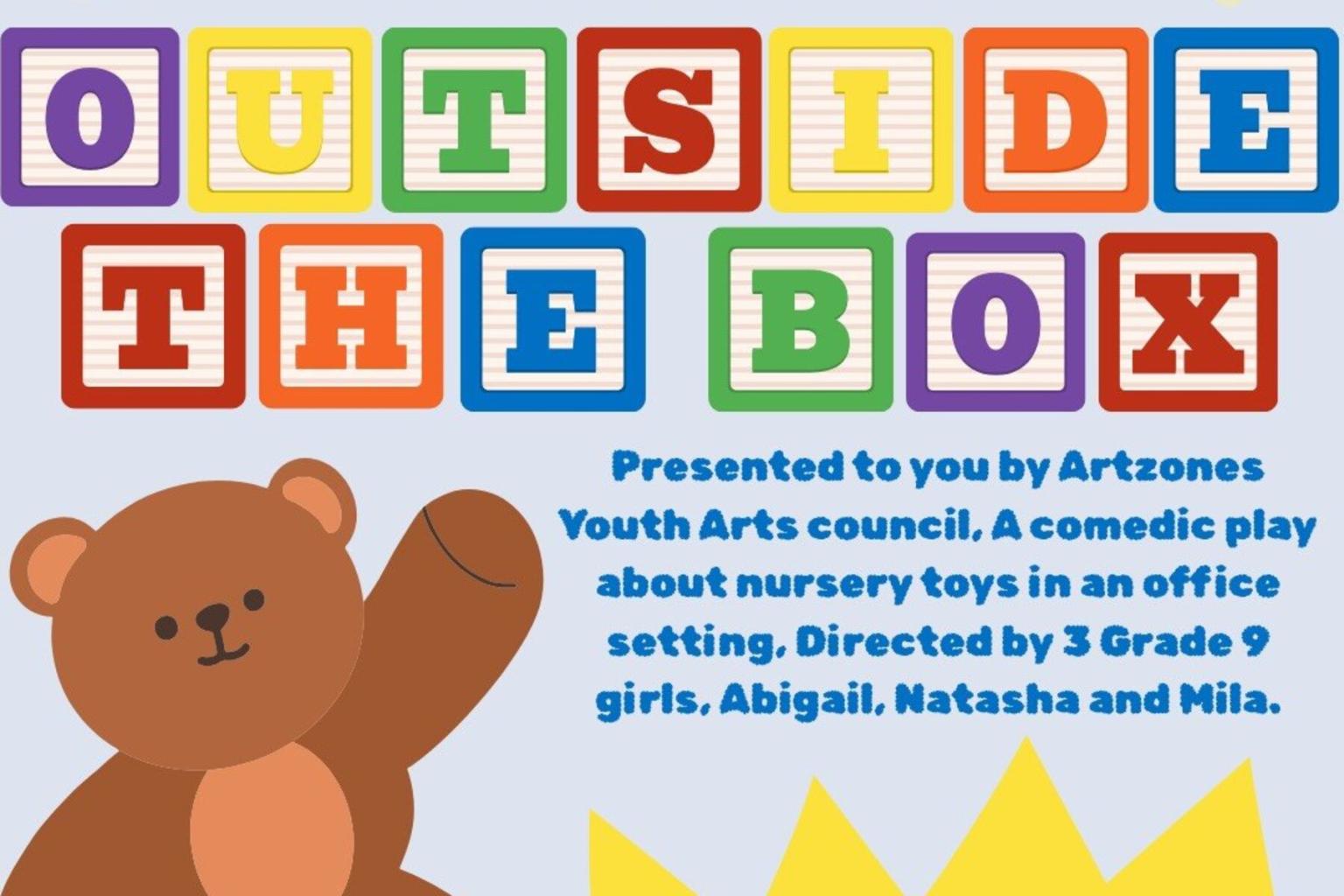 Colorful "Outside the Box" blocks, cartoon teddy bear waving.
