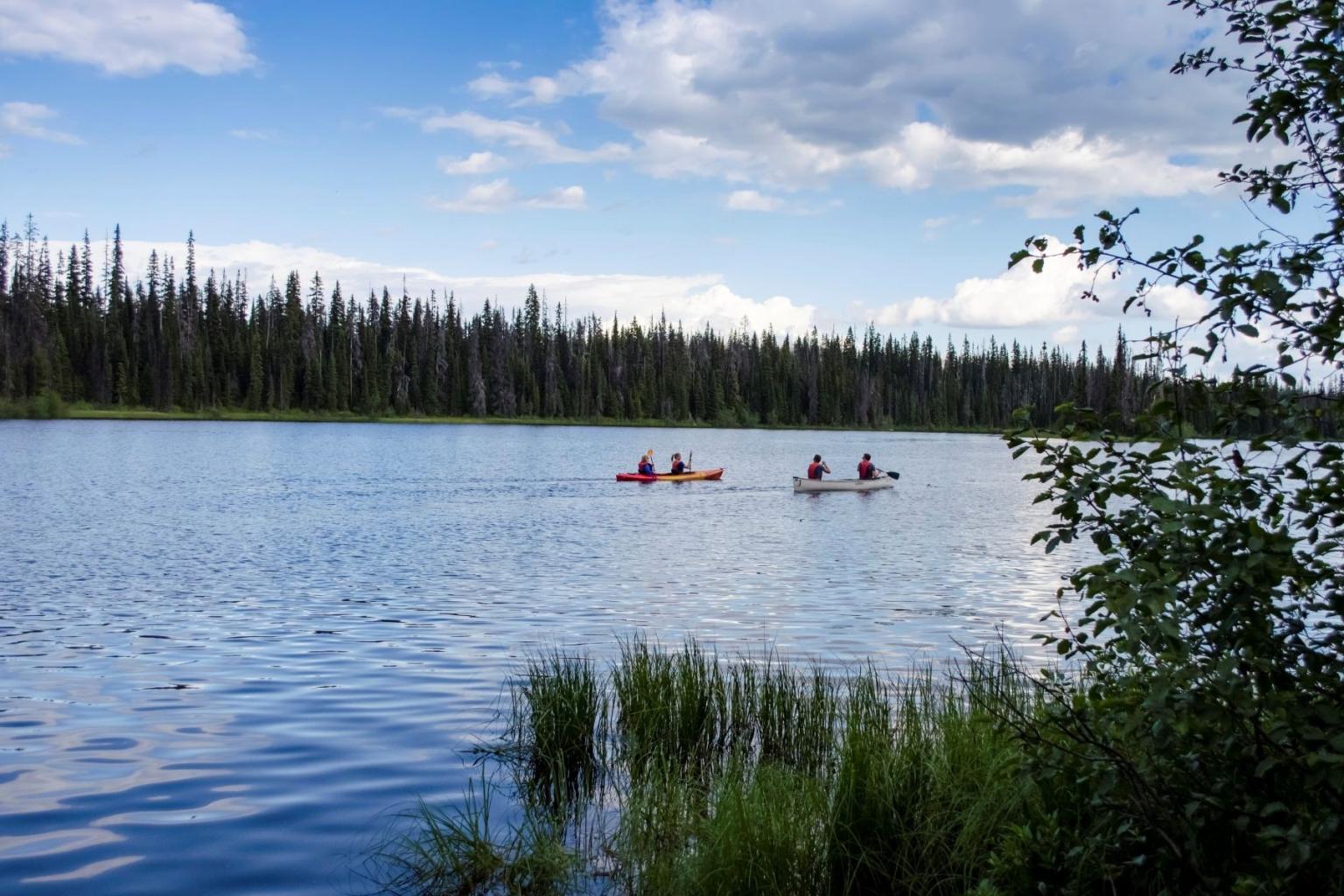 Canoes on a calm lake with trees and cloudy sky in the background.