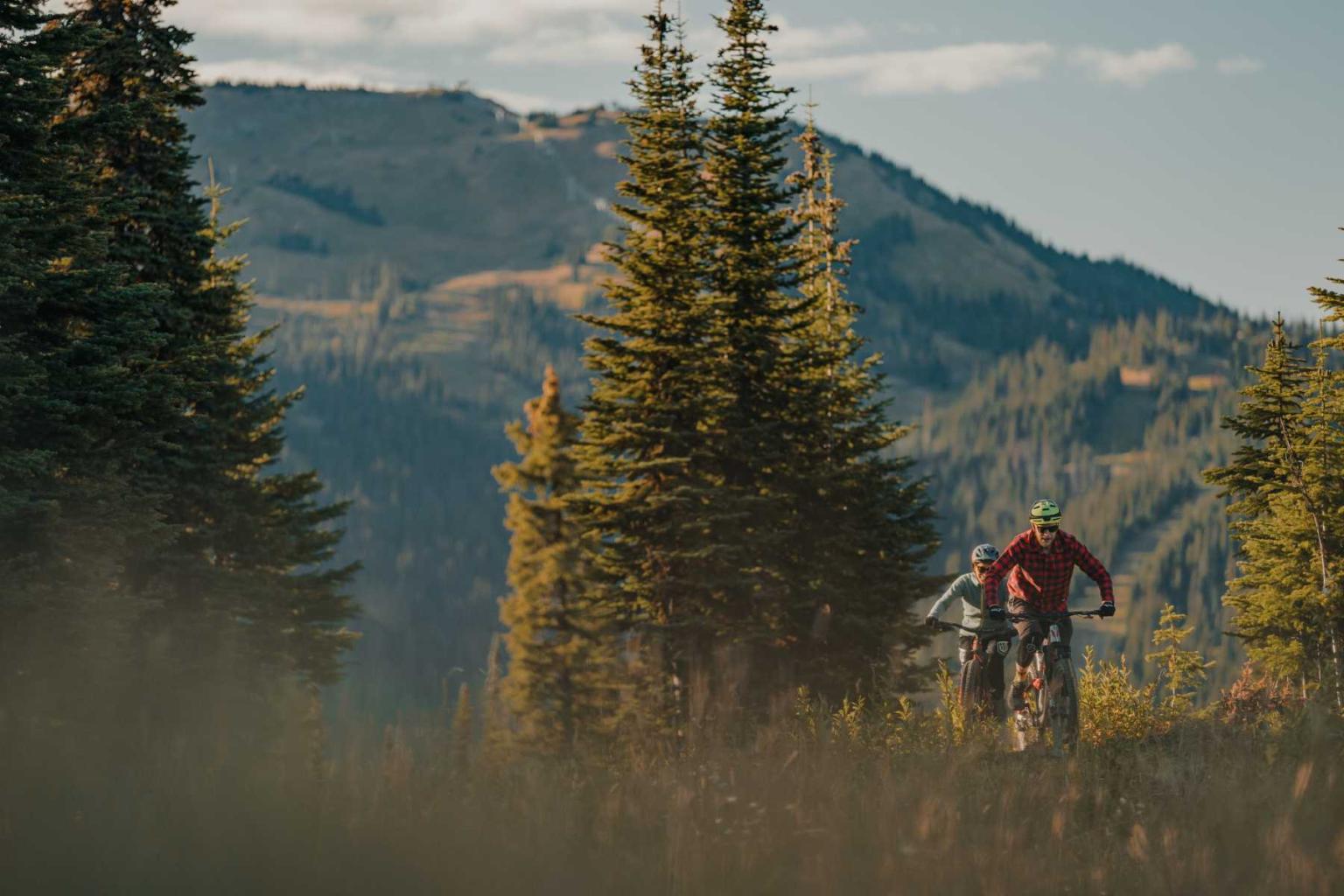 Cyclist in red rides through pine trees with mountains in the background.