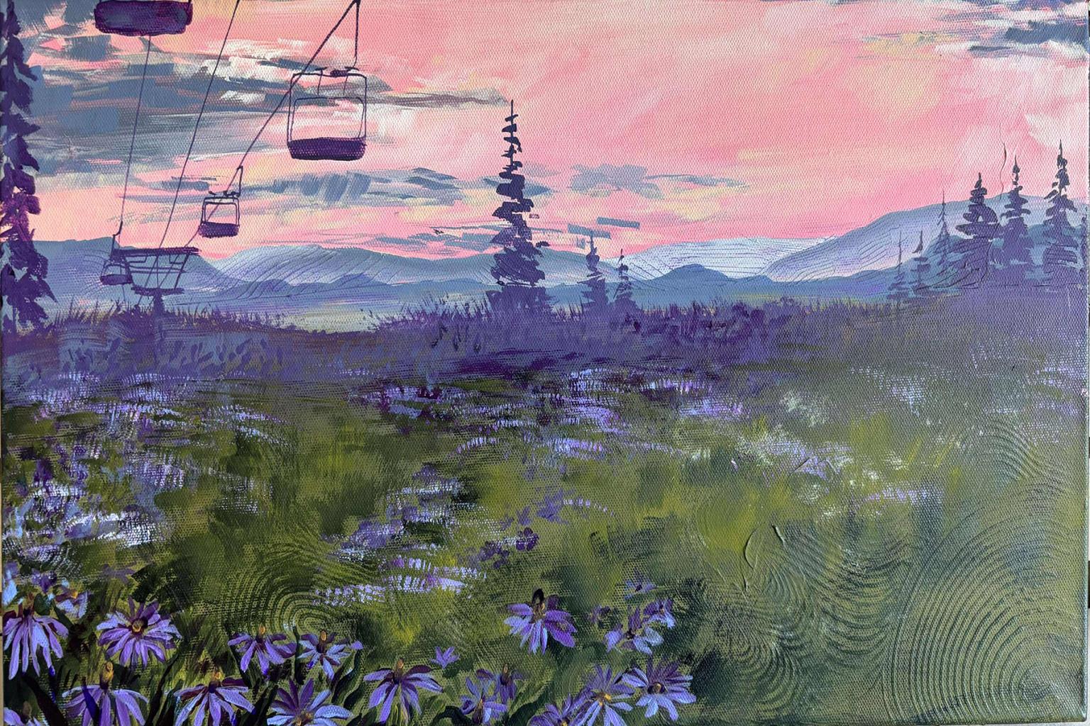 Mountain landscape with purple flowers, trees, and a pink sky. Ski lift chairs on the left.