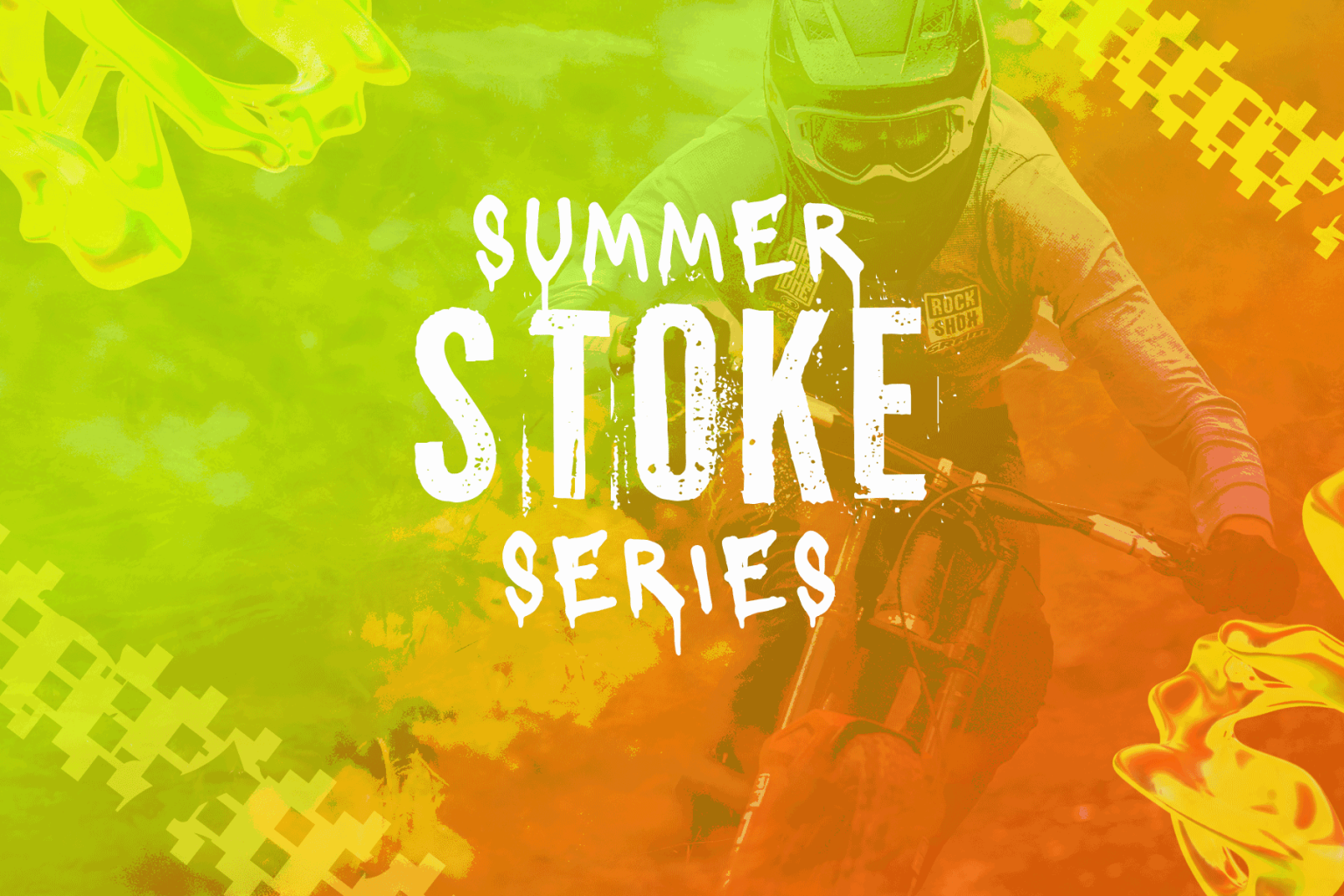 Bright graphic with a bike rider in a summer theme with bold text that reads "Summer Stoke Series" in a graffiti font.