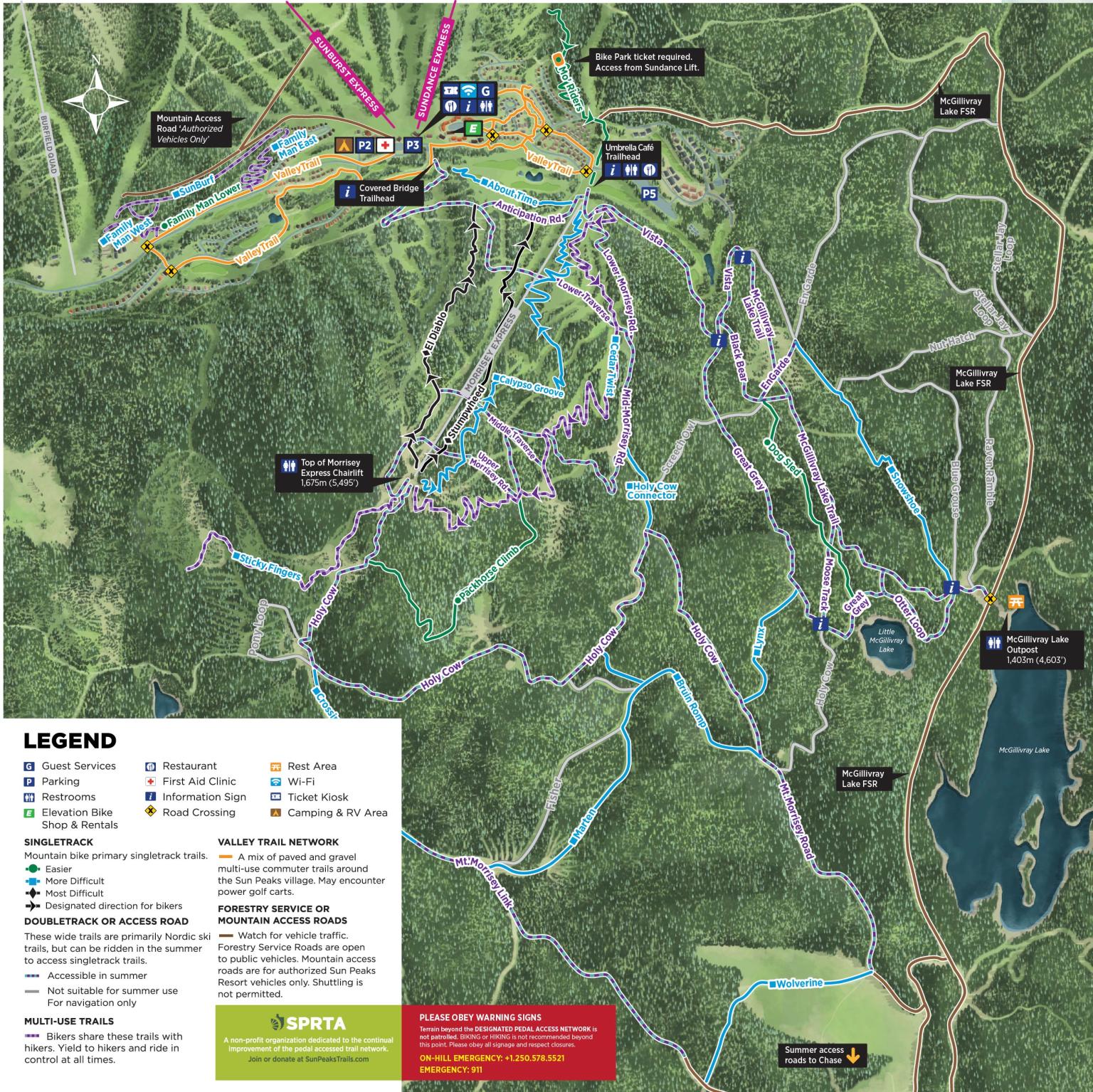 Sun Peaks cross country mountain bike trail map with paths, forests, and a lake, with a legend at the bottom.