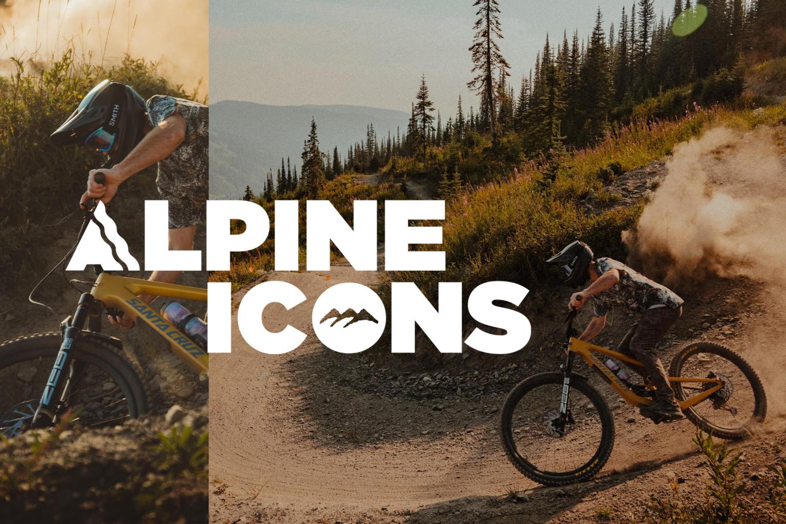 Mountain biker on a trail with "ALPINE ICONS" text overlay.