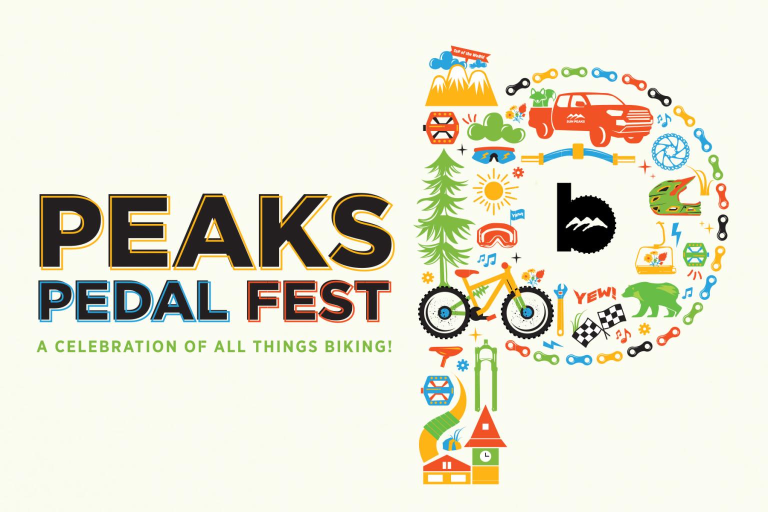 PEAKS PEDAL FEST logo with colorful biking icons.