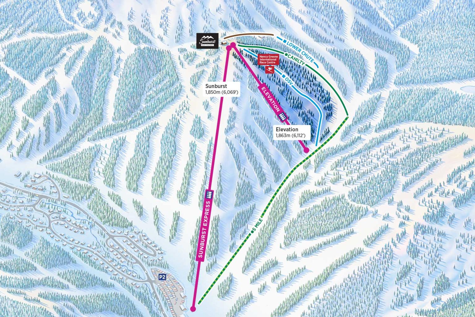 Sun Peaks Resort Race Centre trail map with highlighted routes and terrain.