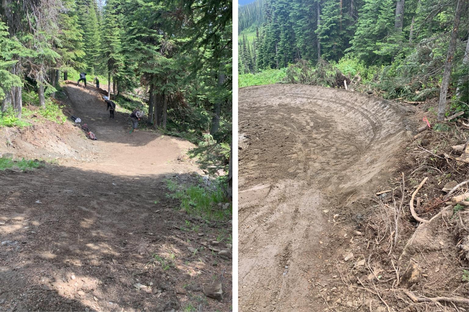 Dirt trail in a forested area, shown before and after renovation.