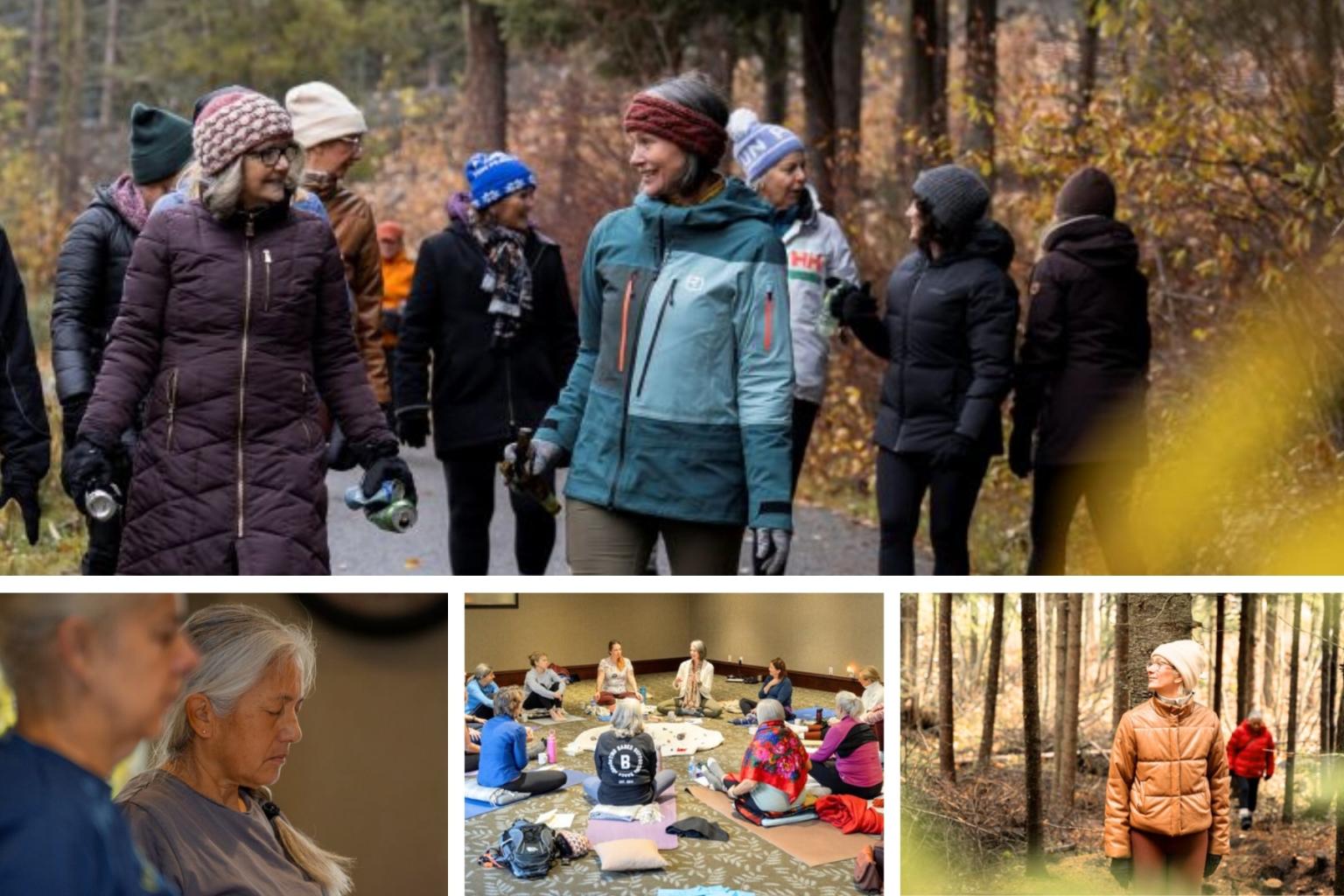 a collage of women participating in various retreat activities