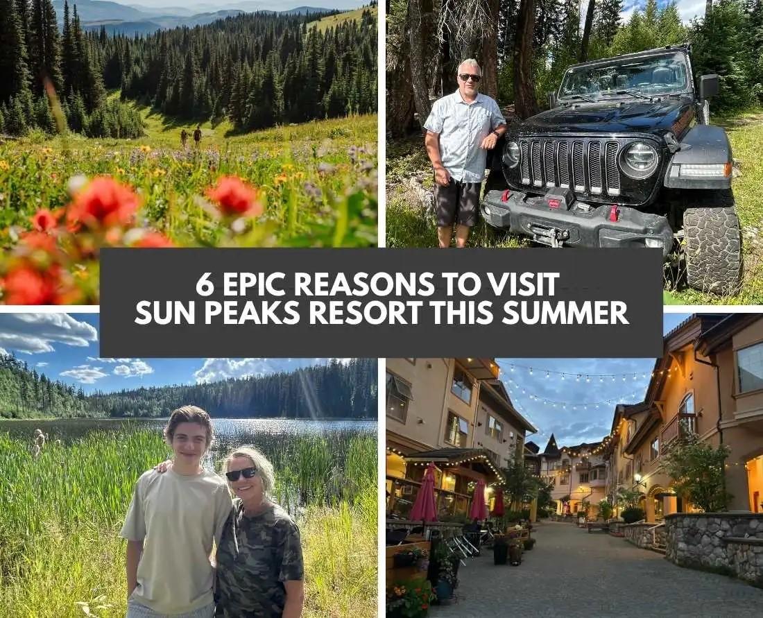 Mountain views, Jeep in meadow, two people by a lake, and a quaint village street.