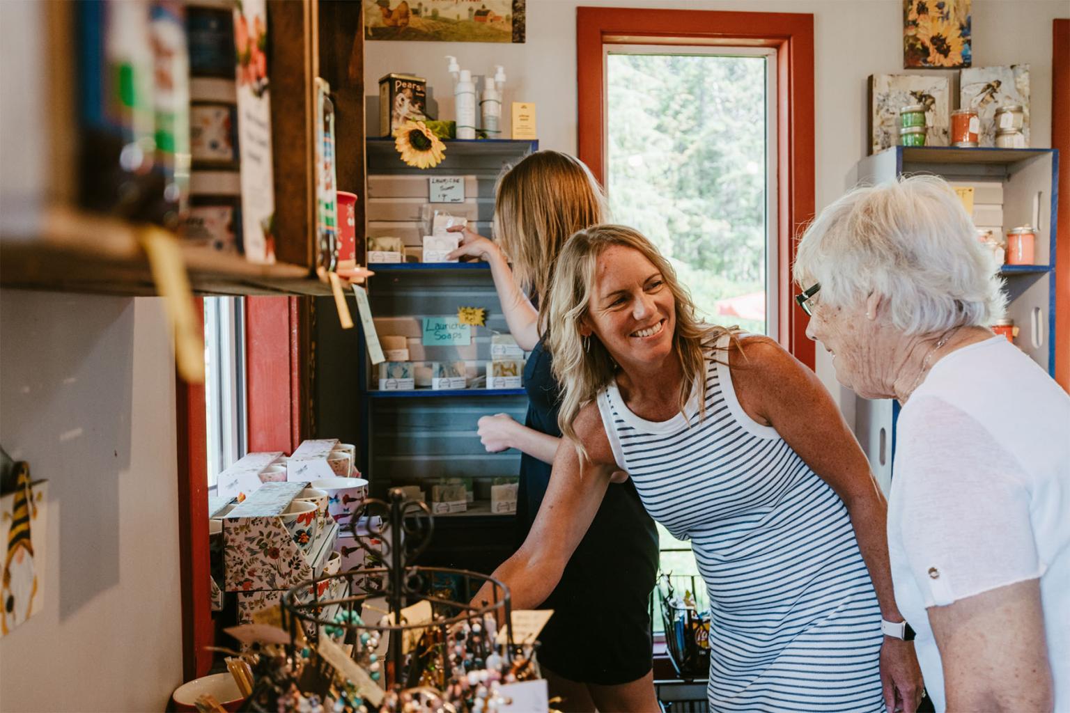 Makayla, Shannon, and Dorothy shopping in Honeyberry Farm Market.
