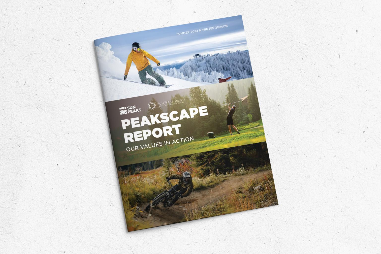 Sun Peaks Resort and Sun Peaks Grand annual report cover with skiing, golfing, and cycling photos titled "Peakscape Report."
