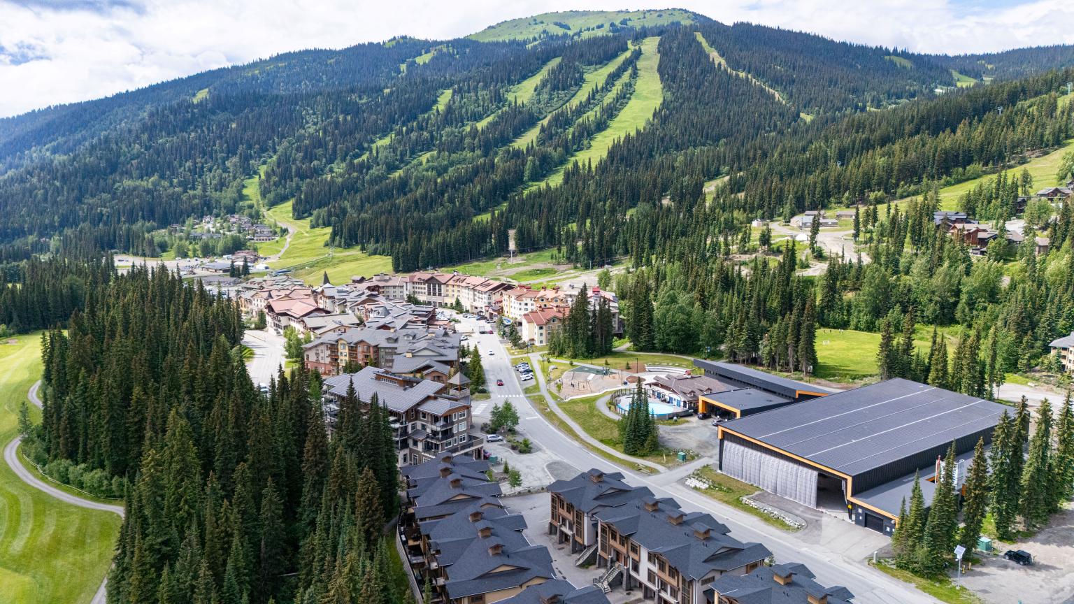 Summer mountain village with surrounding pine forests and ski slopes in the background.