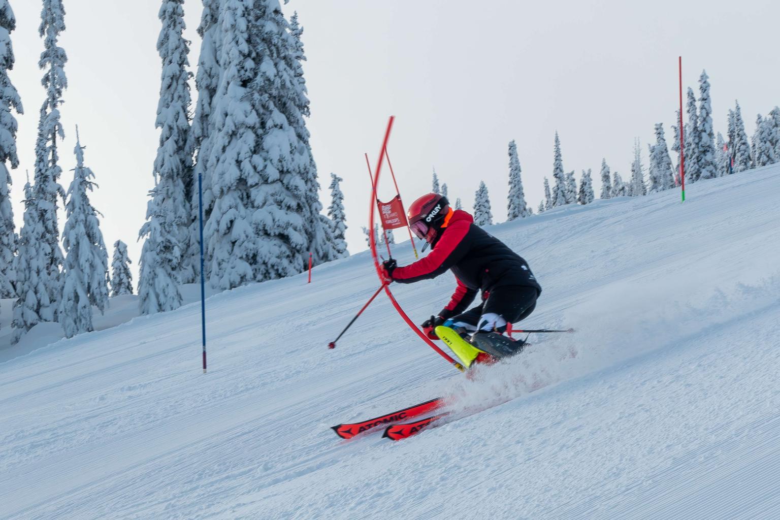 Skier in red and black navigating snowy slope, surrounded by frosted trees.