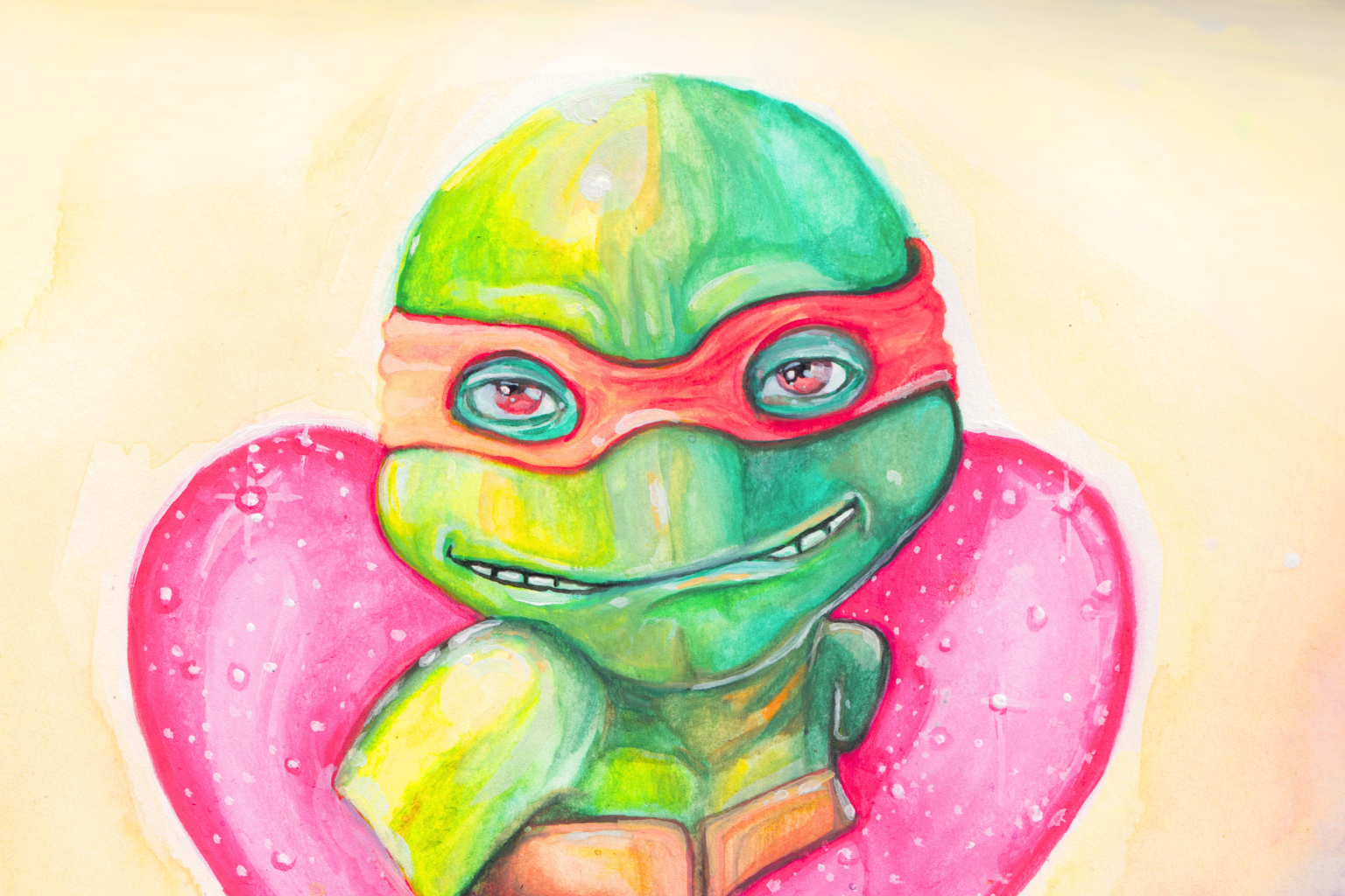 Green cartoon turtle with red mask, pink heart background.