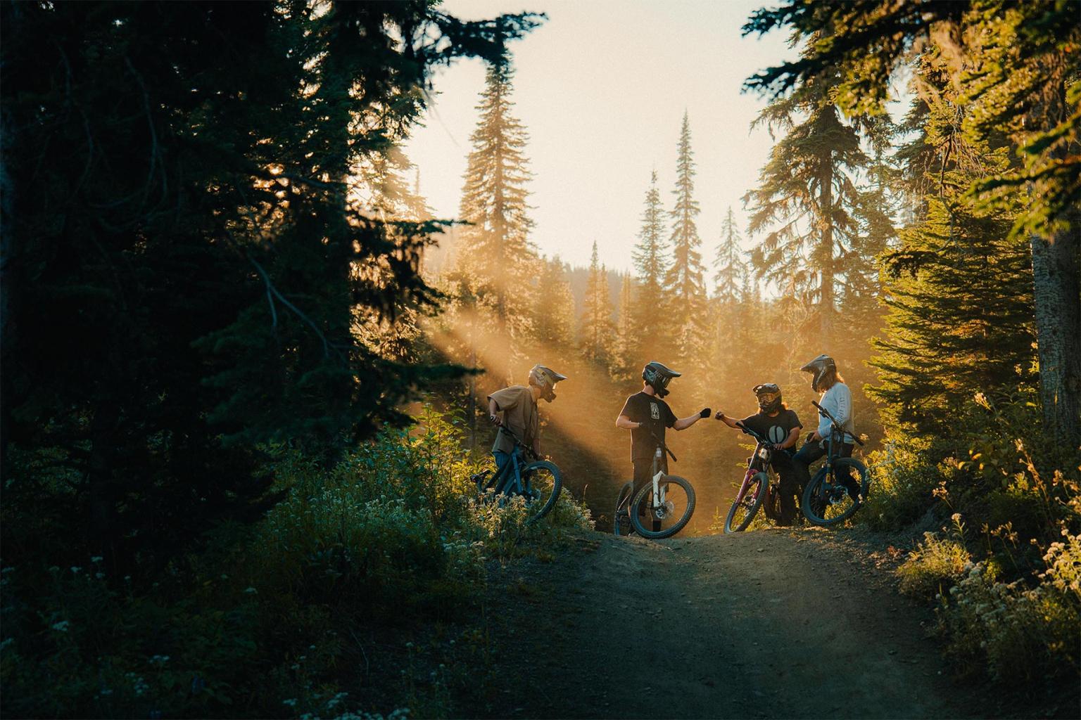 Bikers resting on a forest trail under golden sunset rays.