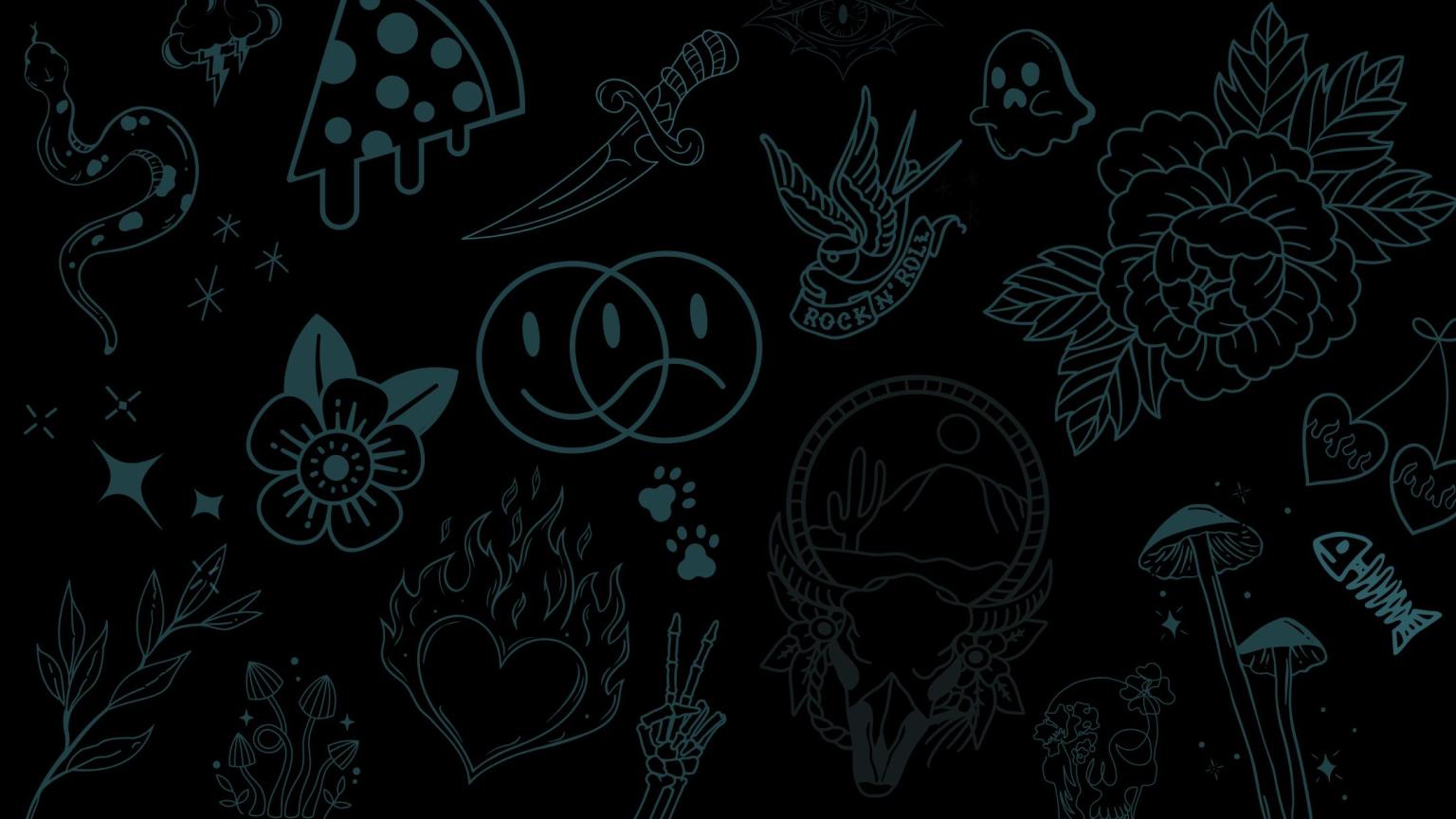 Various tattoo-style illustrations, including flowers, mushrooms, and mystical symbols.
