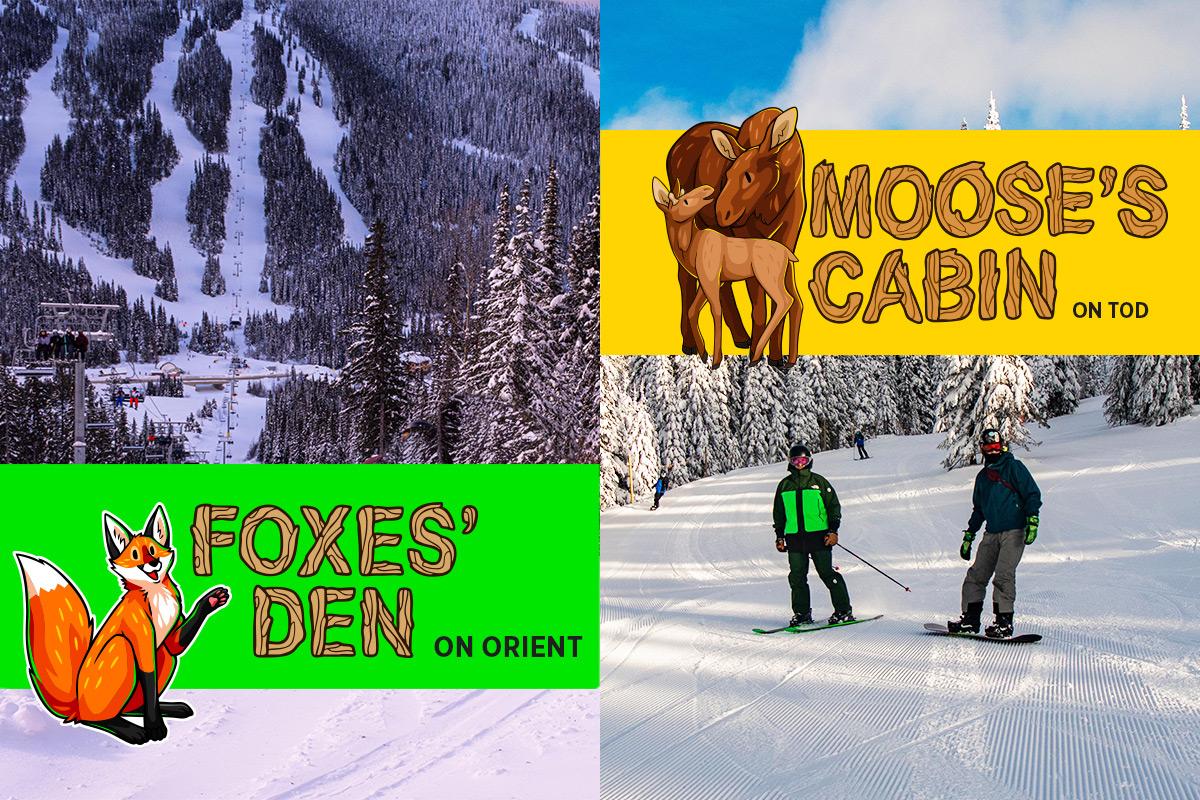Skiers on snowy slope with logos of Foxes' Den and Moose's Cabin.