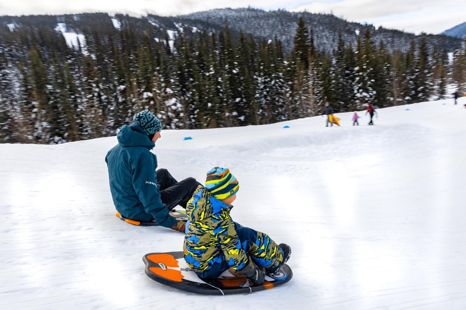 Child and adult sledding on snowy hill, wearing winter clothes. Forest in the background.