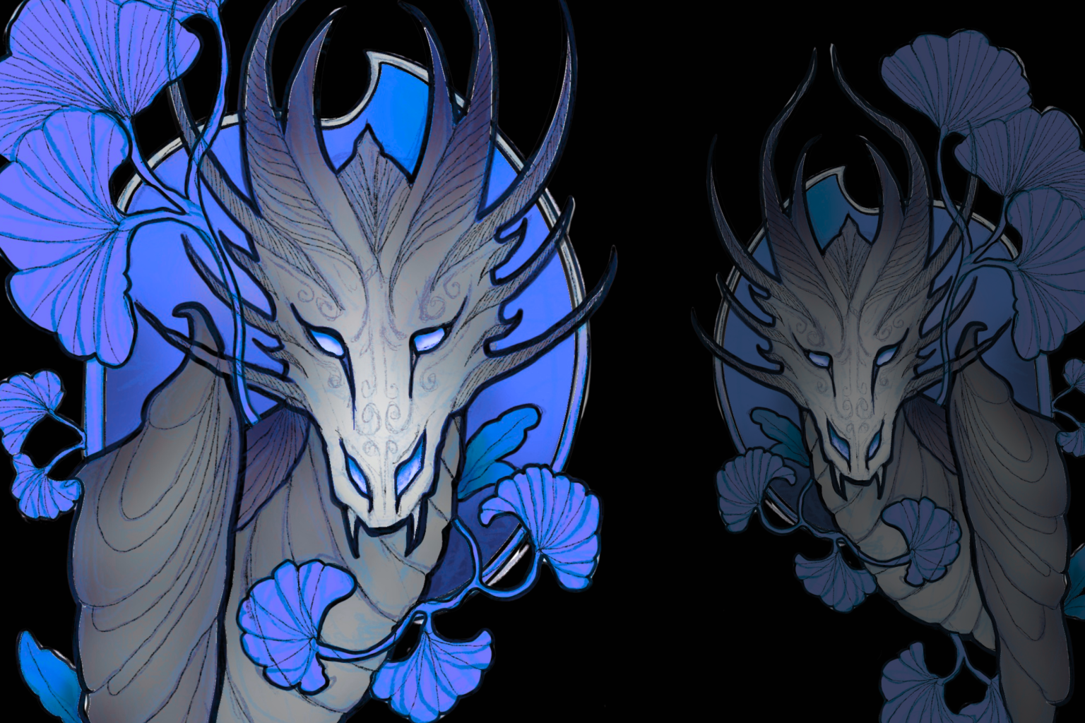 Serpentine dragon with blue flowers and glowing eyes, set against a dark background.