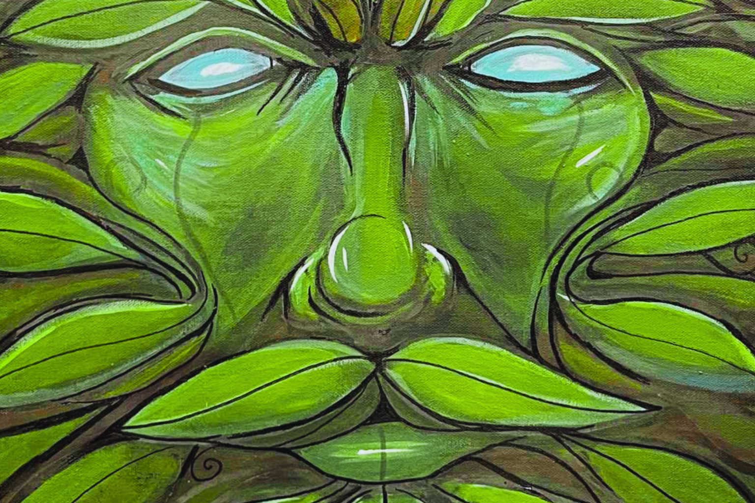 Green man face with leaves, glowing eyes, and a serene expression.
